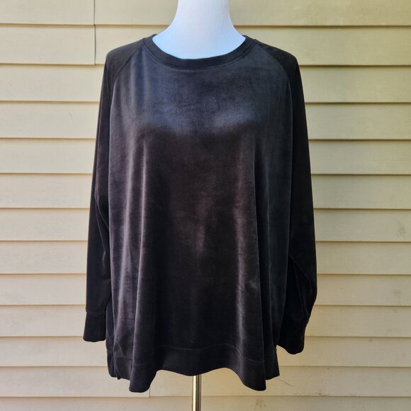 Time & Tru Plus Black Velour Lounge Top Sweatshirt Raglan Sleeves Solid Comfy - Picture 3 of 14